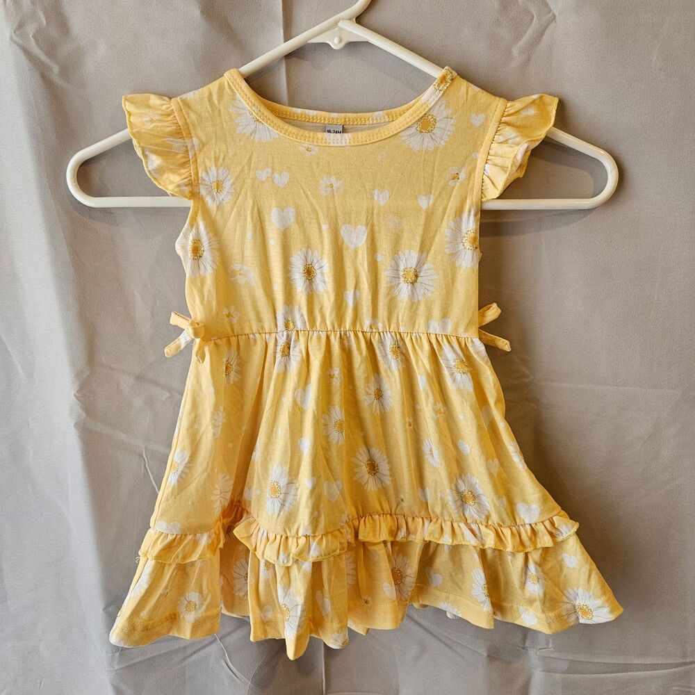 Sunny Yellow Daisey & Heart Babydoll Dress 18-24M Flutter Sleeves Ruffled Skirt